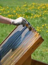 Close-up of man painting wood on field