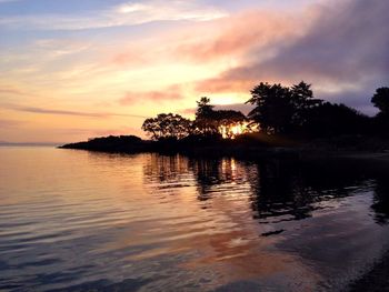 Silhouette trees by lake against sky during sunset