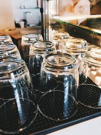High angle view of glass jar on table