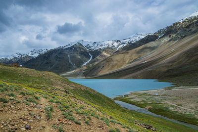 Scenic view of lake and mountains against sky