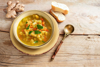 High angle view of soup in bowl on table