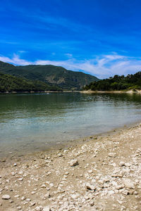 Scenic view of lake against blue sky