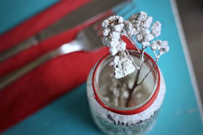 Close-up of flower in jar on table