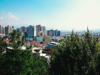 High angle view of trees and buildings against sky