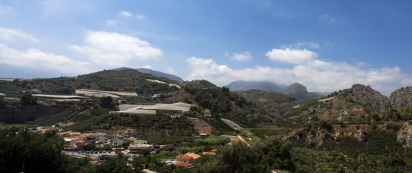 Scenic view of mountains against cloudy sky