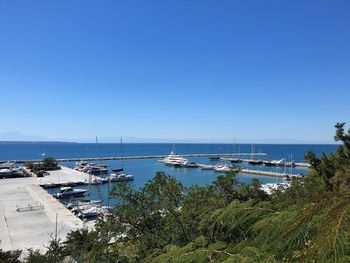 Scenic view of sea against clear blue sky