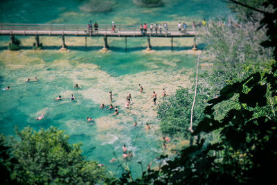 High angle view of people on field