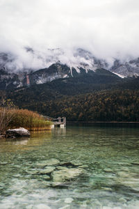 Scenic view of lake and mountains against sky