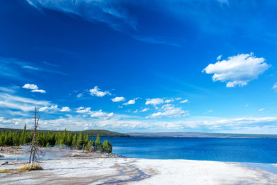 Scenic view of lake at yellowstone national park against sky