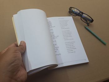 High angle view of text on book