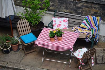 High angle view of chair and tables