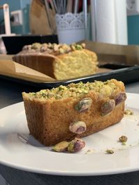 Close-up of cake in plate on table