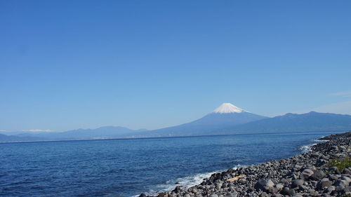 Scenic view of sea against clear blue sky