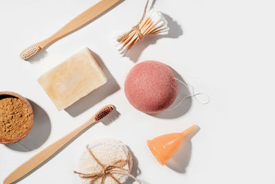 High angle view of food on table against white background