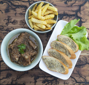 High angle view of meal served on table