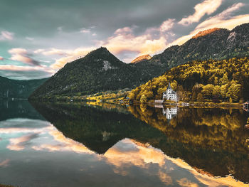Scenic view of lake and mountains against sky
