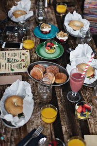 High angle view of food served on dining table at restaurant