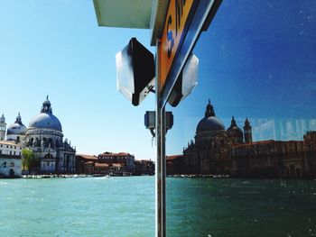 Reflection of santa maria della salute by grand canal on glass