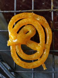 High angle view of wet orange metal