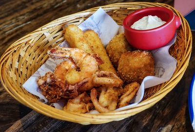 High angle view of food in plate on table