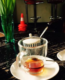 Close-up of coffee served on table in restaurant