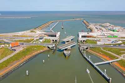 High angle view of boats in sea