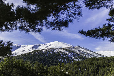 Low angle view of snowcapped mountains against sky