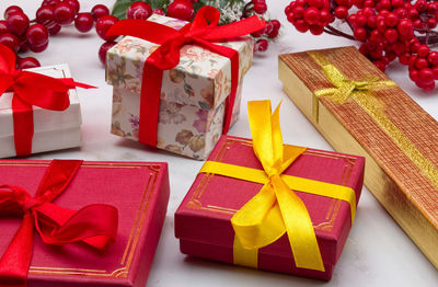 Close-up of christmas presents on table