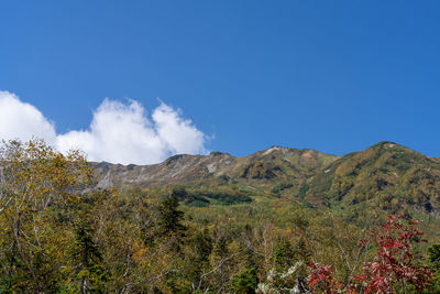 Low angle view of mountain against blue sky