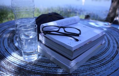 Close-up of glasses on table