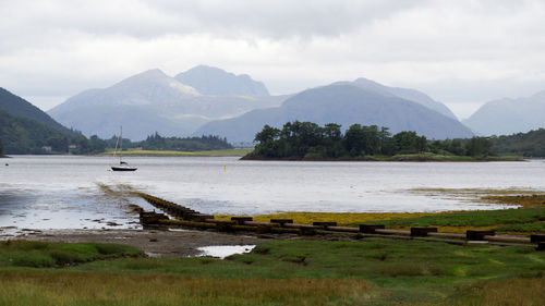 Scenic view of lake and mountains against sky