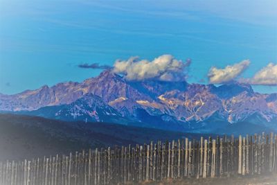 Scenic view of snowcapped mountains against sky