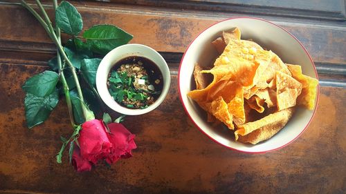 High angle view of food in plate on table