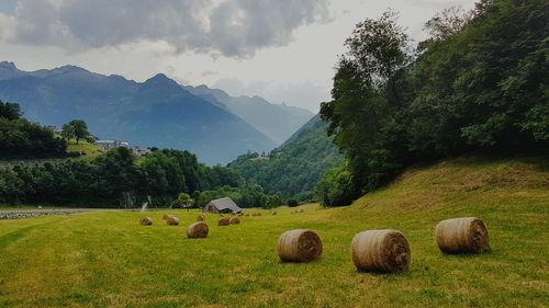 Hay bales on field against sky