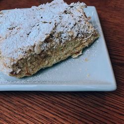 High angle view of cake in plate on table