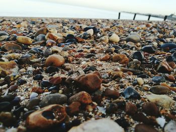 Close-up of pebbles on beach against sky