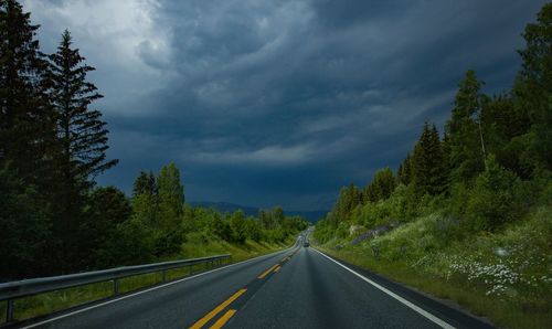 Empty road along trees and plants against sky