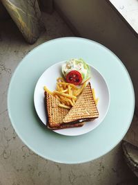 High angle view of breakfast in plate on table
