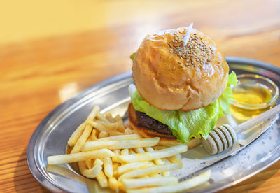 Close-up of burger on plate