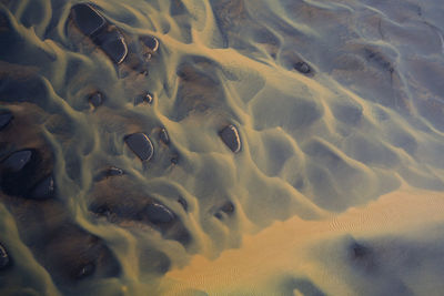 Aerial view of braided orange rivers in southern iceland