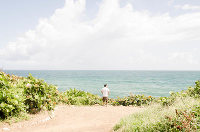 Rear view of man looking at sea against sky