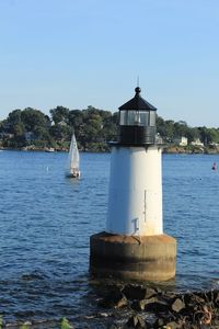 Lighthouse by sea against clear sky