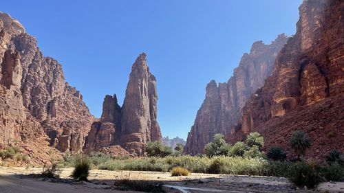 Panoramic view of rocky mountains against clear sky