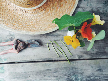 High angle view of flower vase and hat on wooden table