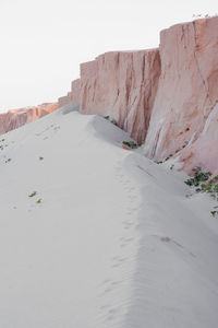 Scenic view of desert land against clear sky