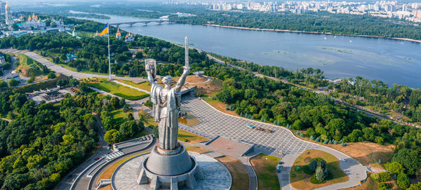 Aerial view of the mother motherland monument in kiev.