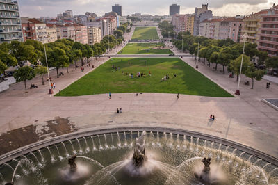 High angle view of fountain in park