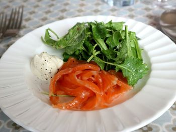 High angle view of smoked salmon salad in plate