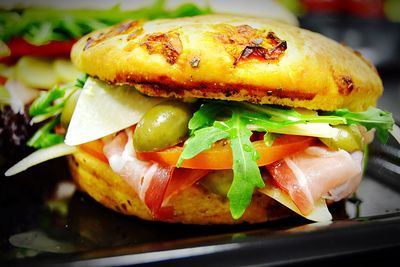 Close-up of hamburger in tray