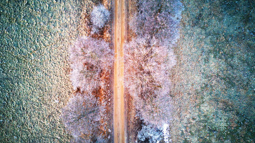 Aerial view of road on snow covered field